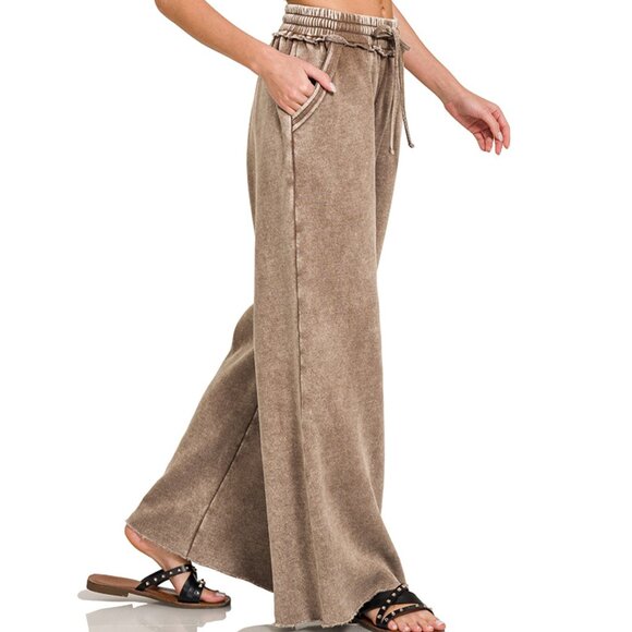 Acid Wash Wide Leg Lounge Pants Ash Mocha - Picture 1 of 2